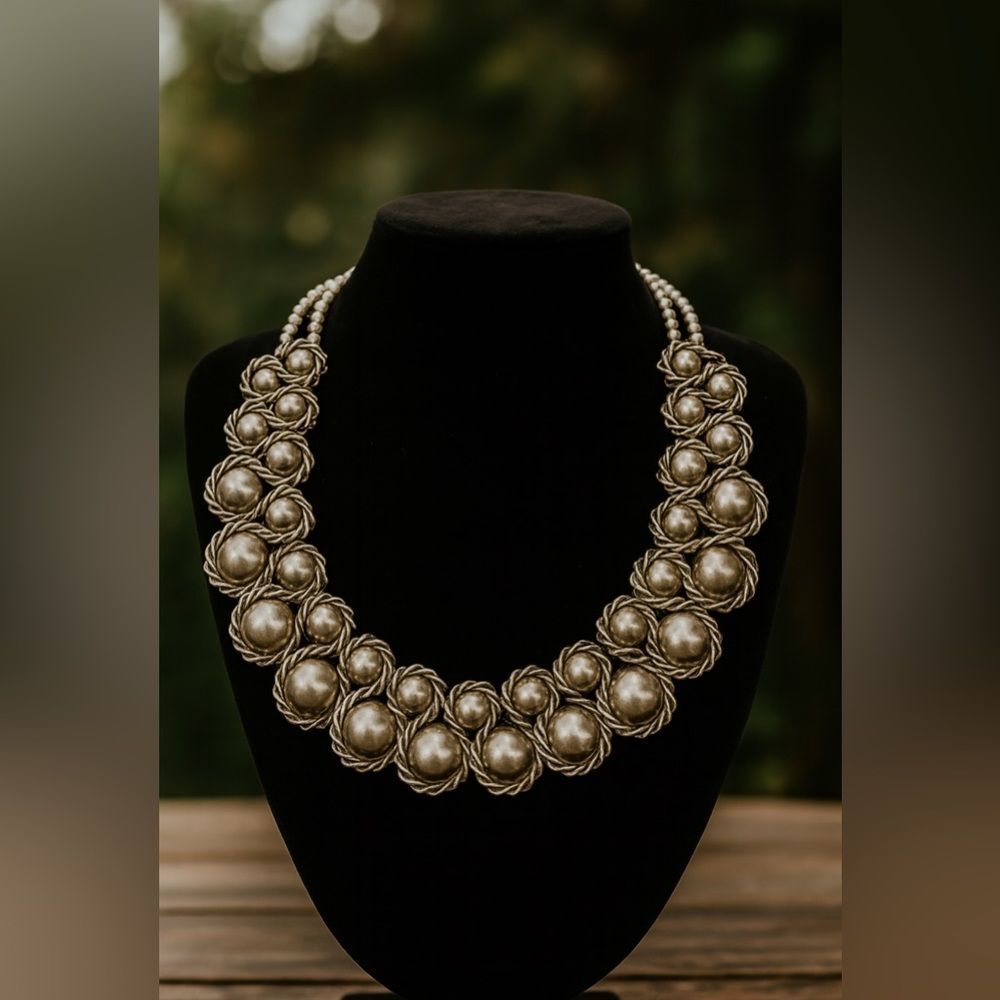 Vintage Chunky Chrome Metallic Wirey Beaded Silver Statement Collar‎ Necklace